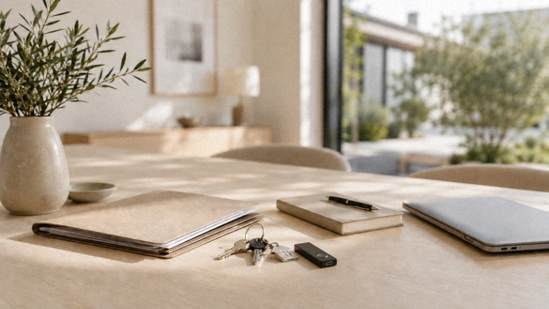 Tisch mit Nachlass Objekten mit Schlüsselbund, Hardware Wallet und Unterlagen